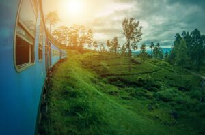 train in sri lanka with a sunset